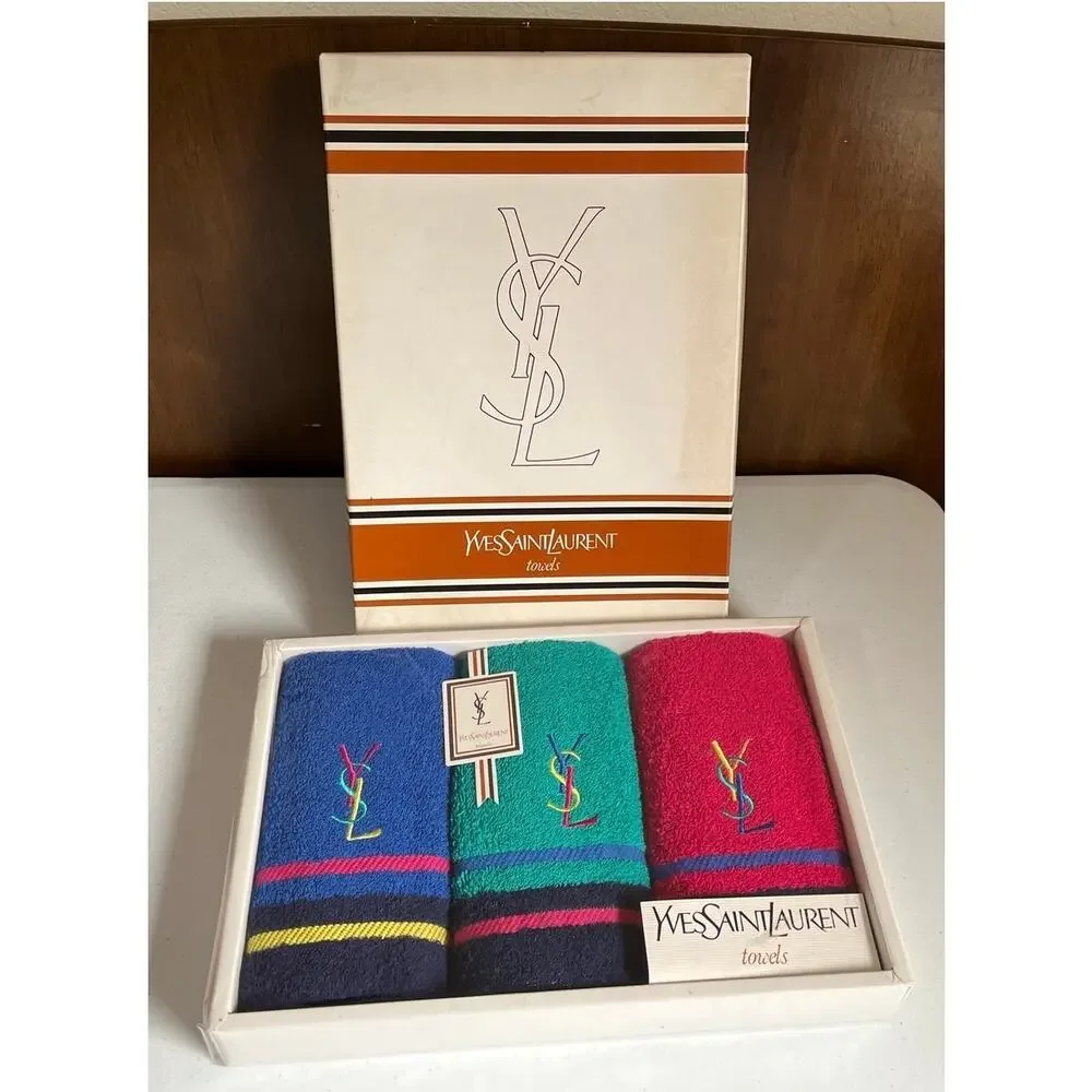 Yves Saint Laurent YSL Logo Original Box Set of 3 Bath Towels Deadstock Luxury